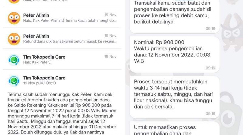 Refund dari Tokopedia belum selesai padahal sudah lebih dari sebulan